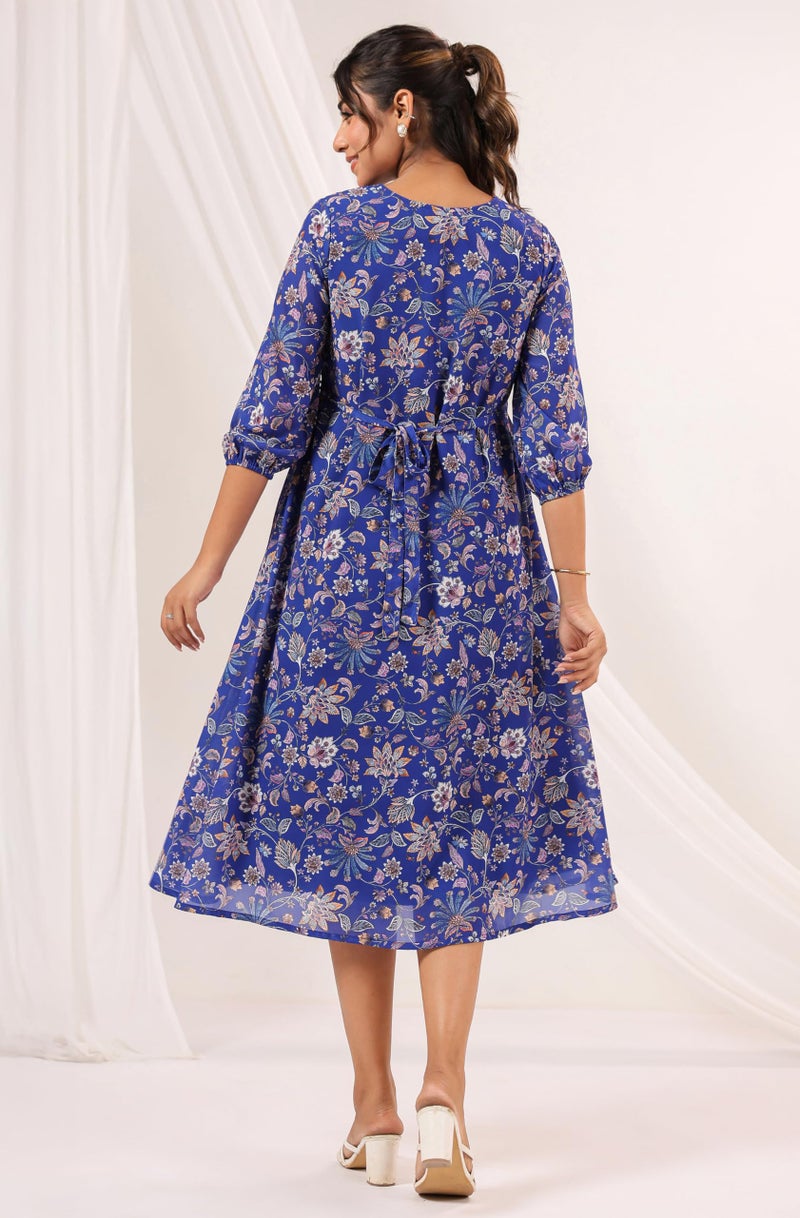 Janasya Women's Blue Georgette Floral Printed A-line Dress (JAA25DR02306-M) - Image 4