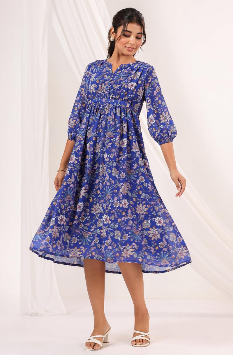 Janasya Women's Blue Georgette Floral Printed A-line Dress (JAA25DR02306-M) - Image 3