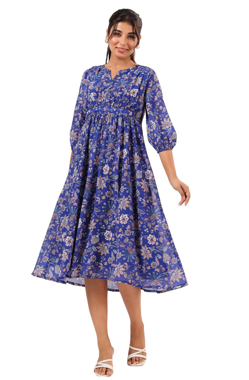 Janasya Women's Blue Georgette Floral Printed A-line Dress (JAA25DR02306-M) - Image 1