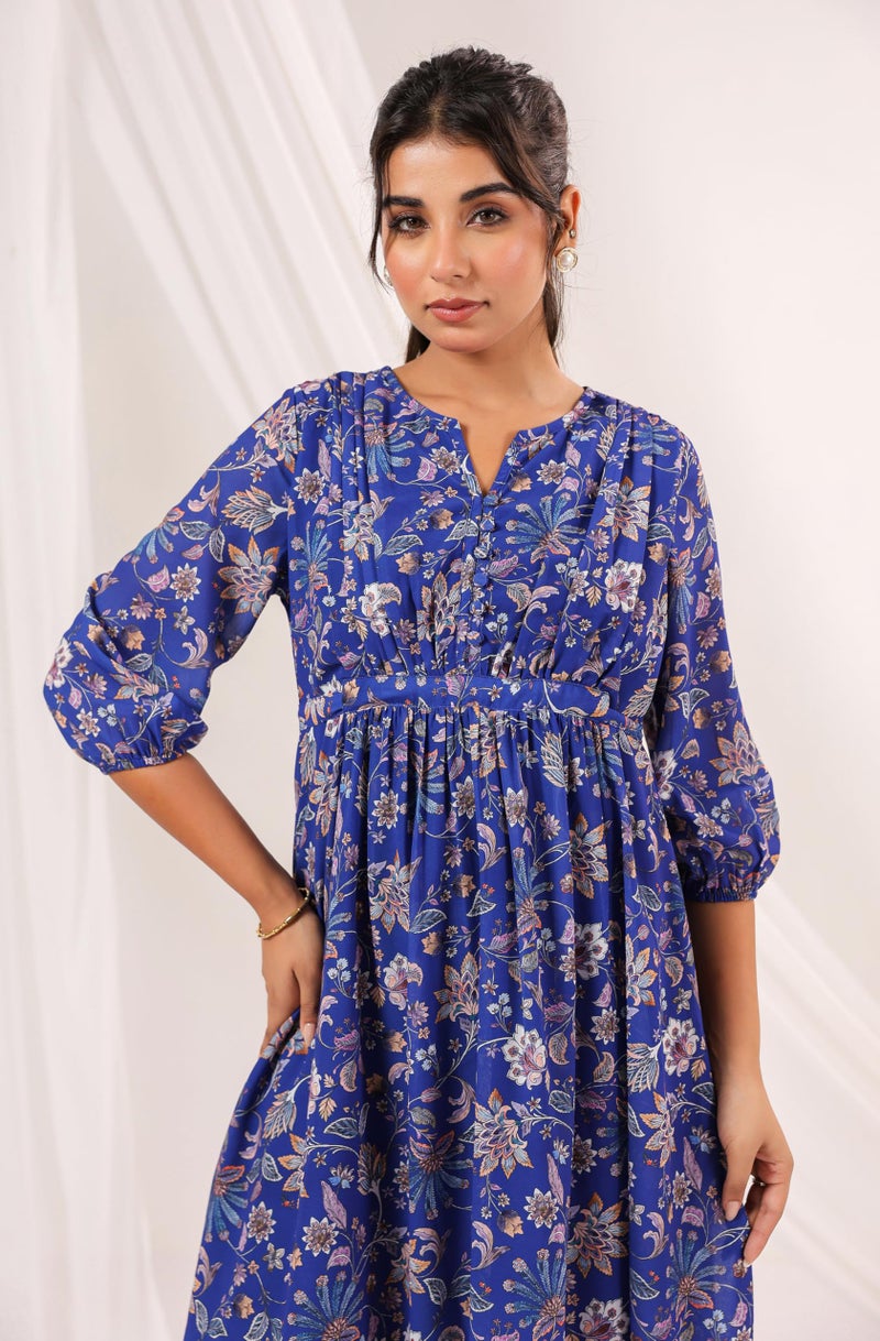 Janasya Women's Blue Georgette Floral Printed A-line Dress (JAA25DR02306-M) - Image 2