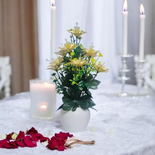Flora Planet Plastic Artificial Plants with Pot - Home Decoration Items for Living Room, 30cm Show Pieces for Home Decor Living Room, Big Size Artificial Flowers Bunch with Vase (1, Round), Gold - Image 3