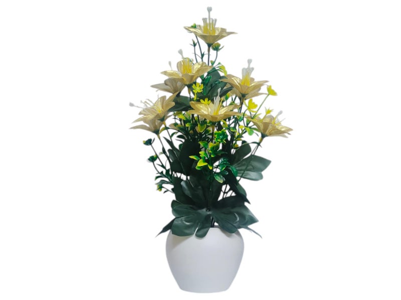 Flora Planet Plastic Artificial Plants with Pot - Home Decoration Items for Living Room, 30cm Show Pieces for Home Decor Living Room, Big Size Artificial Flowers Bunch with Vase (1, Round), Gold - Image 1