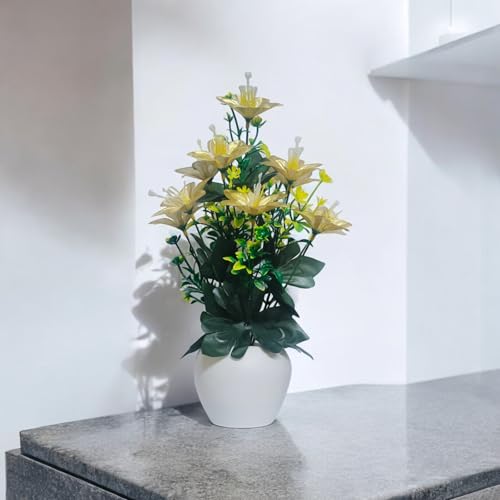Flora Planet Plastic Artificial Plants with Pot - Home Decoration Items for Living Room, 30cm Show Pieces for Home Decor Living Room, Big Size Artificial Flowers Bunch with Vase (1, Round), Gold - Image 2