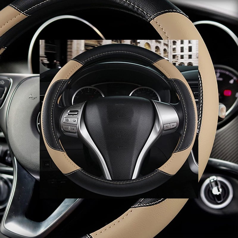 ELECDON Leather Car Steering Wheel Cover, Non-Slip Car Wheel Cover Protector Breathable Microfiber Leather Universal Fit for Most Cars(Beige) - Image 2