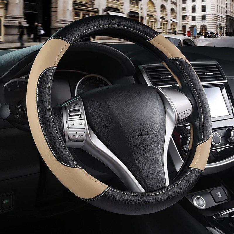 ELECDON Leather Car Steering Wheel Cover, Non-Slip Car Wheel Cover Protector Breathable Microfiber Leather Universal Fit for Most Cars(Beige) - Image 1