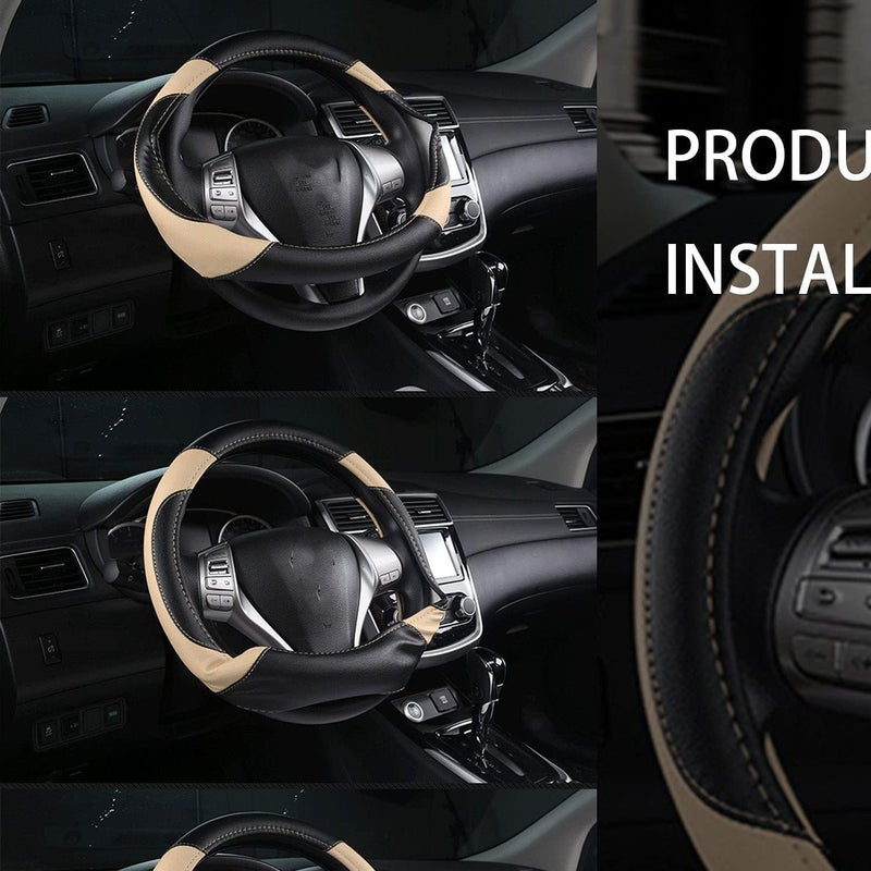 ELECDON Leather Car Steering Wheel Cover, Non-Slip Car Wheel Cover Protector Breathable Microfiber Leather Universal Fit for Most Cars(Beige) - Image 3