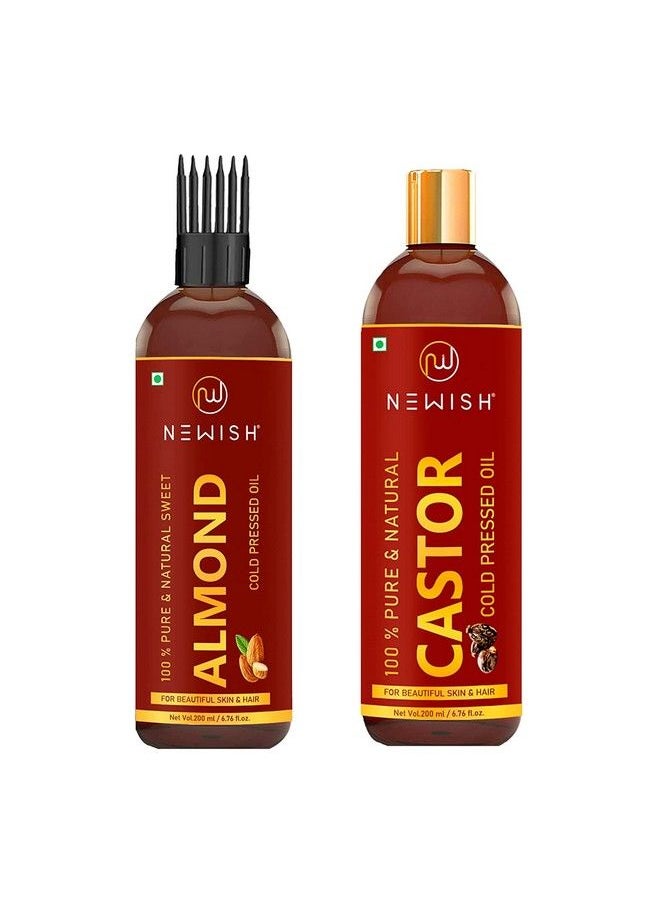 Newish Pure Cold Pressed Sweet Almond Oil For Growth And Glowing Skin & Face And Premium Castor Oil For Hair Growth Skin And Eyebrow ; Natural ; Organico ; Skin Oil 200Ml Each  - Image 2