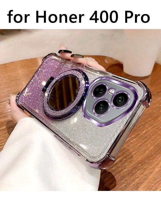 Magnetic Glitter Case for Honor 400 Pro ，Camera Lens Protector，Sparkly Stand，Makeup Mirror，Luxury Gradient Shockproof Honor 400 Pro Cover for Women Girls Gift，Purple - Image 1