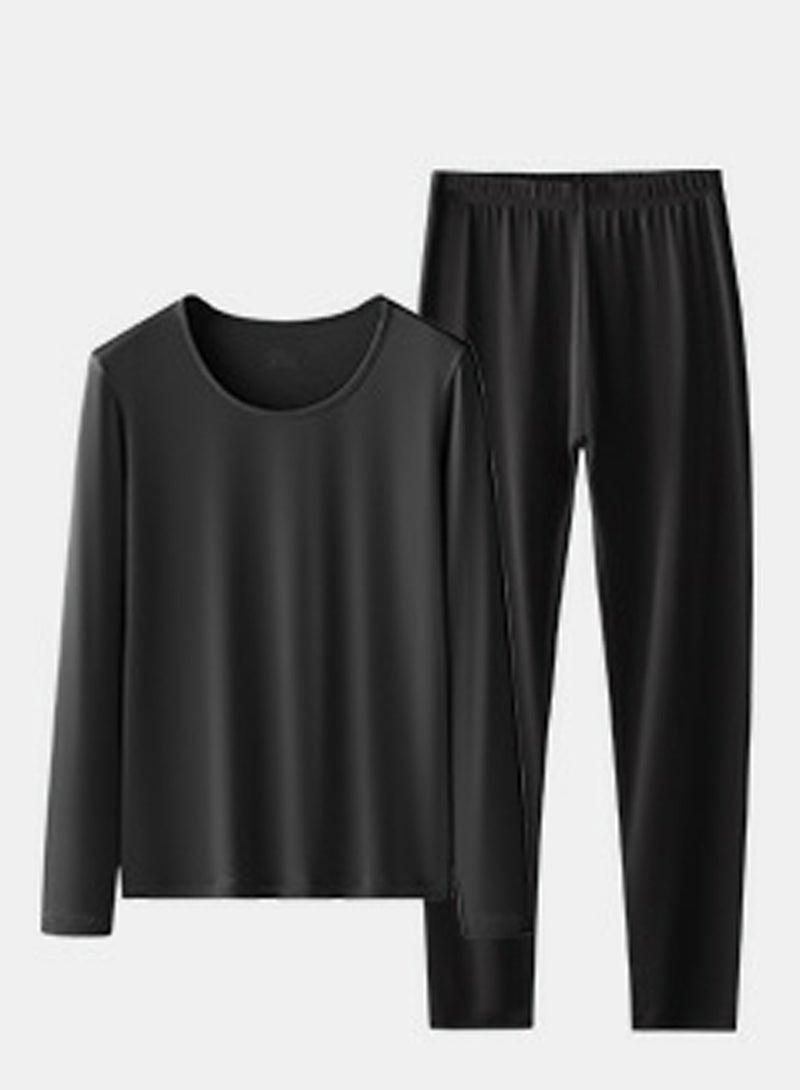 إسكدنيا Womens Solid Color Thin Seamless Long Johns And Round Neck Thermal Underwear Set 2 Piece Base Layer Set for Women Black