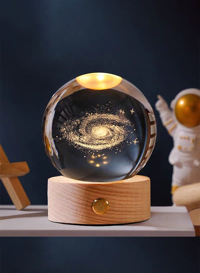 Arabest Rechargeable 3D Crystal Ball Night Light LED Light with Wooden Base Glass Ball Decorative Night Light, Touch to Turn on LED Light Decorative Light Gift Home Desktop Decor Milky Way - Image 1