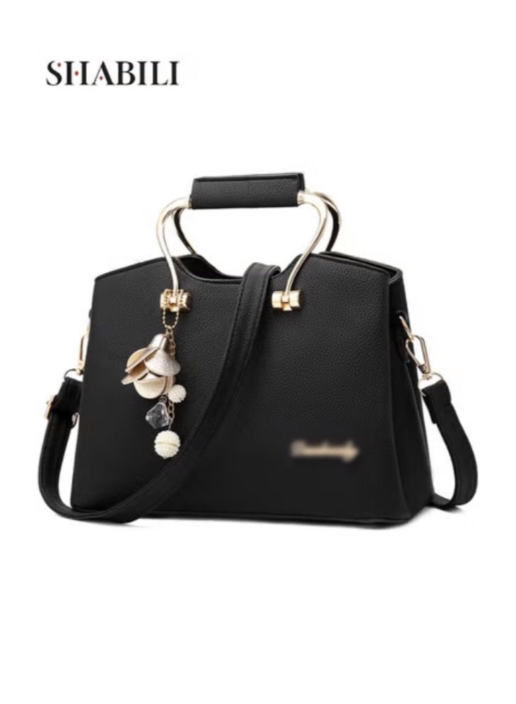 Women's PU Multi-Pocket Shoulder Bag Crossbody Tote Bag, Ladies Satchel Handbag with Sewing Thread Metal Petal Charm, for Casual, Party, and Travel, Lightweight Cross Bags for Teenagers (Black)