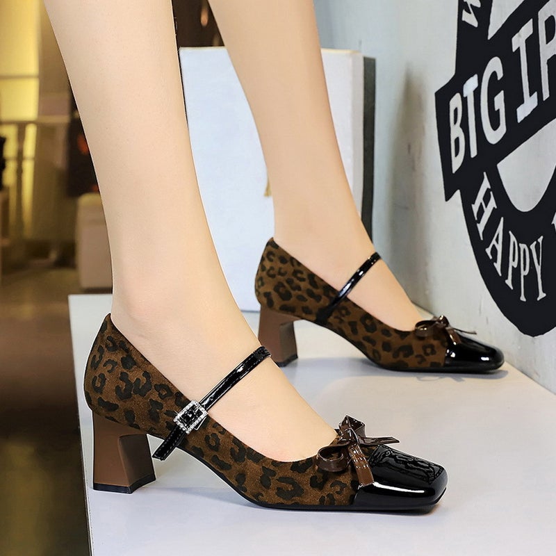 5296-H81 Leopard Print Colorblock Mary Jane Shoes Bow Rhinestone Buckle Square Suede Shallow Cut Heel Single Shoes - Image 1