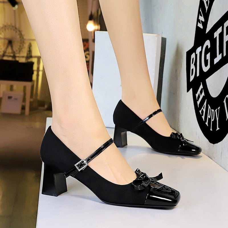 5296-H81 Leopard Print Colorblock Mary Jane Shoes Bow Rhinestone Buckle Square Suede Shallow Cut Heel Single Shoes - Image 5