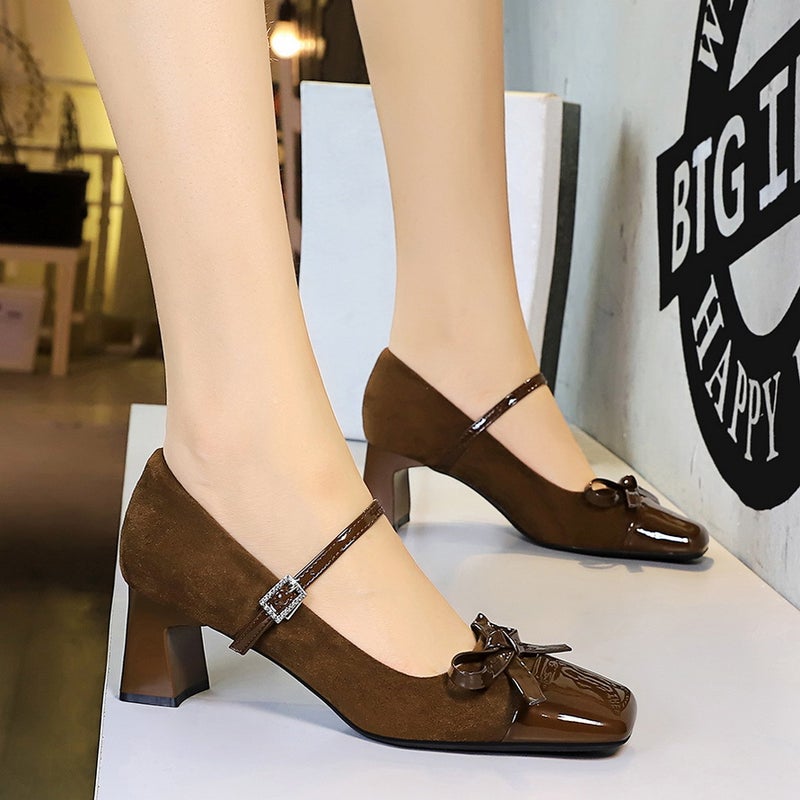 5296-H81 Leopard Print Colorblock Mary Jane Shoes Bow Rhinestone Buckle Square Suede Shallow Cut Heel Single Shoes - Image 3
