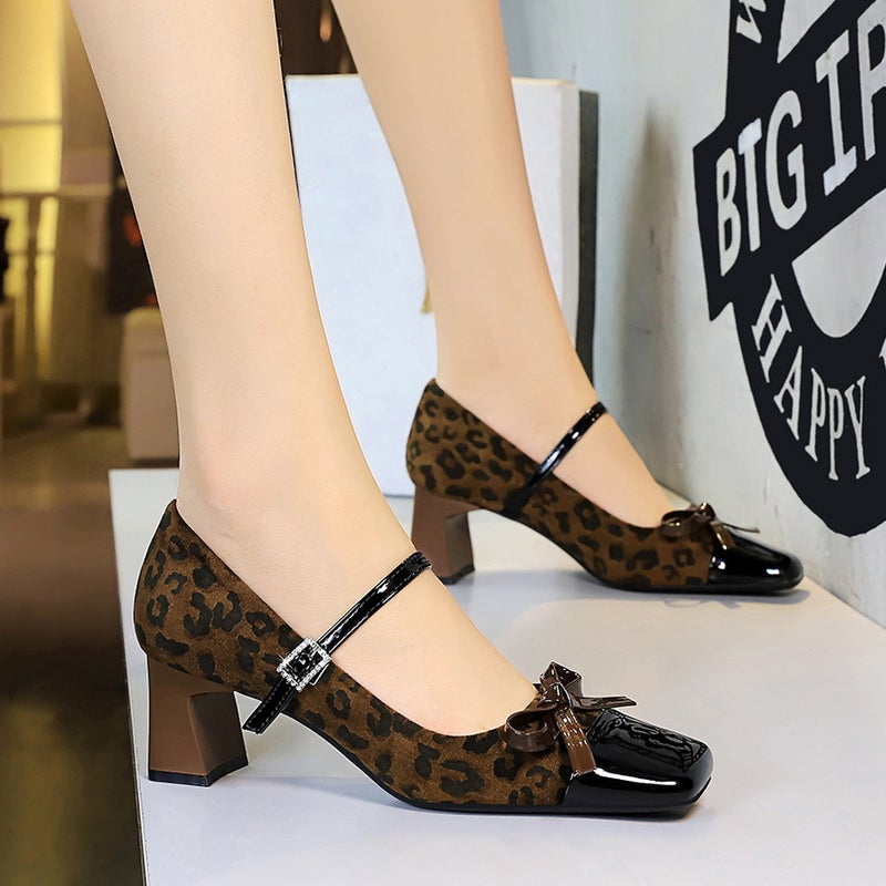 5296-H81 Leopard Print Colorblock Mary Jane Shoes Bow Rhinestone Buckle Square Suede Shallow Cut Heel Single Shoes - Image 2