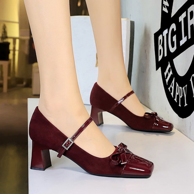 5296-H81 Leopard Print Colorblock Mary Jane Shoes Bow Rhinestone Buckle Square Suede Shallow Cut Heel Single Shoes - Image 4