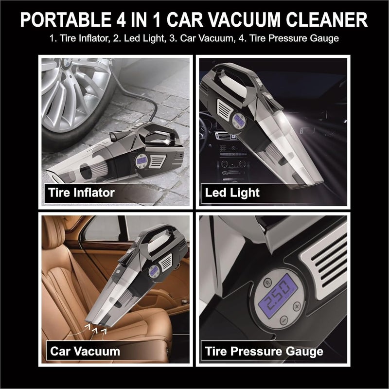 YEARWIN 4 in1 Wireless Car Vacuum Cleaner with Tyre Inflator High Power 7000PA Handheld Car Vacuum LED Light, for Wet/Dry Use, Black (‎TWOWAY PRO) - Image 4