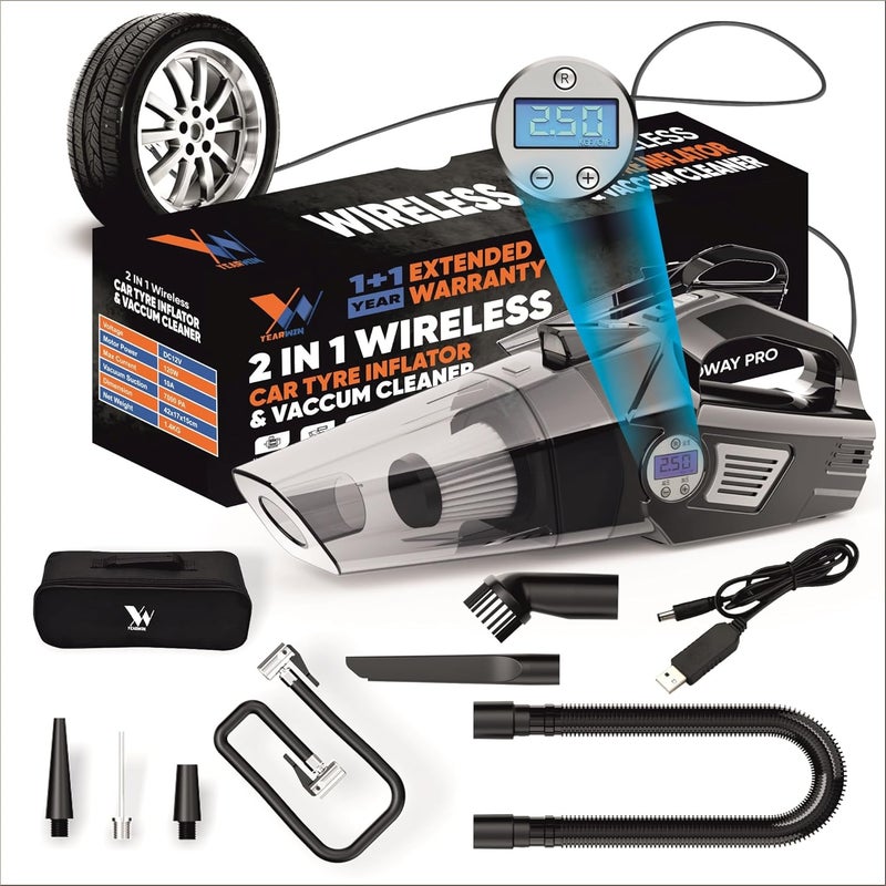 YEARWIN 4 in1 Wireless Car Vacuum Cleaner with Tyre Inflator High Power 7000PA Handheld Car Vacuum LED Light, for Wet/Dry Use, Black (‎TWOWAY PRO) - Image 1