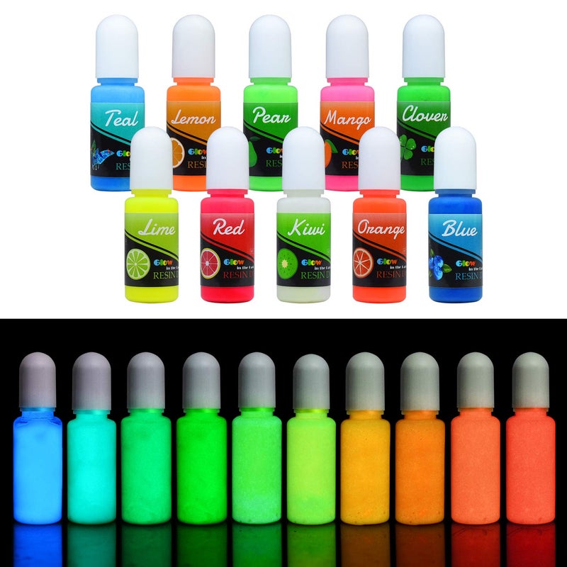 Epoxy UV Resin Color Pigment Glow In The Dark Liquid Luminous Transparent Epoxy Resin Dye for UV Resin Art Coloring DIY Jewelry Making Self Glowing UV Resin Colorant for Paint Crafts 10ml Each