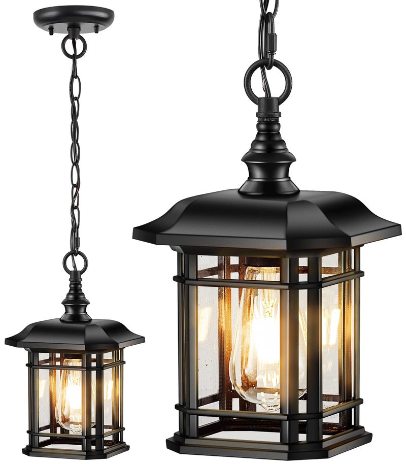 VIANIS Outdoor Pendant Lights for Porch, Black Exterior Hanging Lanterns Outdoor, Aluminum Farmhouse Ceiling Light Fixture, Waterproof Tempered Seed Glass Chandelier for Gazebo - Image 1