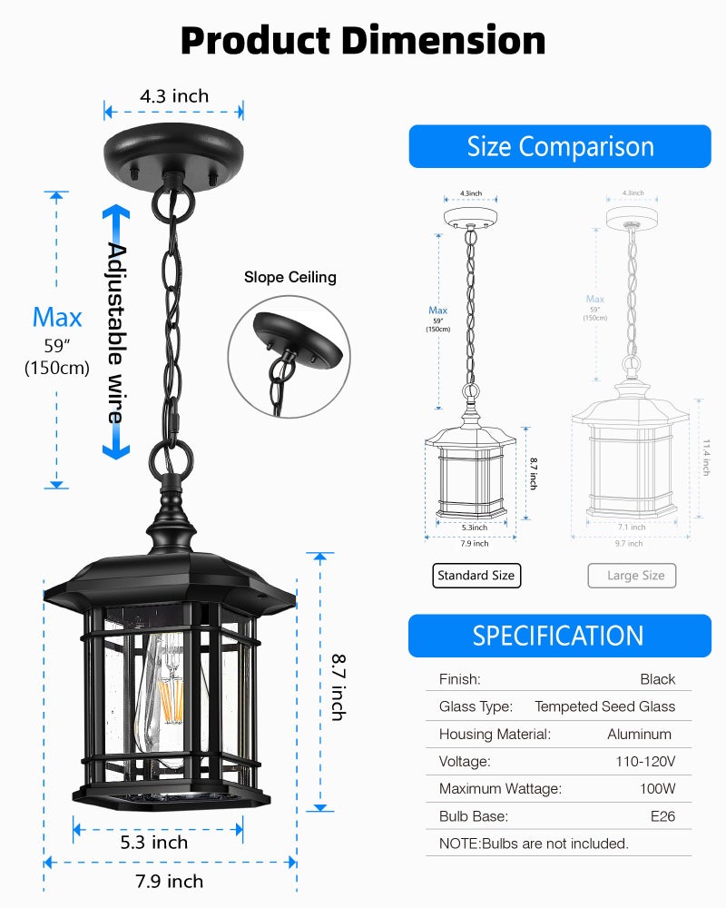 VIANIS Outdoor Pendant Lights for Porch, Black Exterior Hanging Lanterns Outdoor, Aluminum Farmhouse Ceiling Light Fixture, Waterproof Tempered Seed Glass Chandelier for Gazebo - Image 5