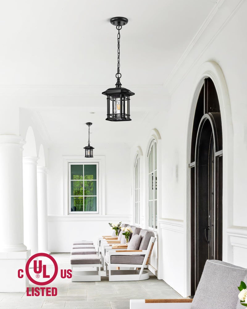 VIANIS Outdoor Pendant Lights for Porch, Black Exterior Hanging Lanterns Outdoor, Aluminum Farmhouse Ceiling Light Fixture, Waterproof Tempered Seed Glass Chandelier for Gazebo - Image 4