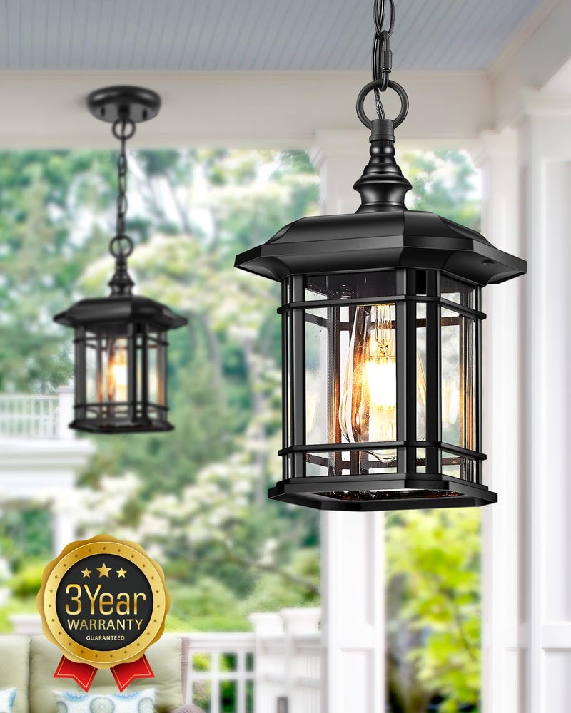 VIANIS Outdoor Pendant Lights for Porch, Black Exterior Hanging Lanterns Outdoor, Aluminum Farmhouse Ceiling Light Fixture, Waterproof Tempered Seed Glass Chandelier for Gazebo - Image 3