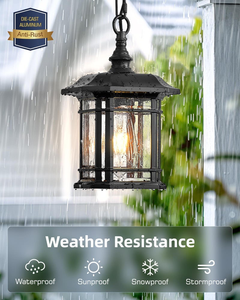VIANIS Outdoor Pendant Lights for Porch, Black Exterior Hanging Lanterns Outdoor, Aluminum Farmhouse Ceiling Light Fixture, Waterproof Tempered Seed Glass Chandelier for Gazebo - Image 2