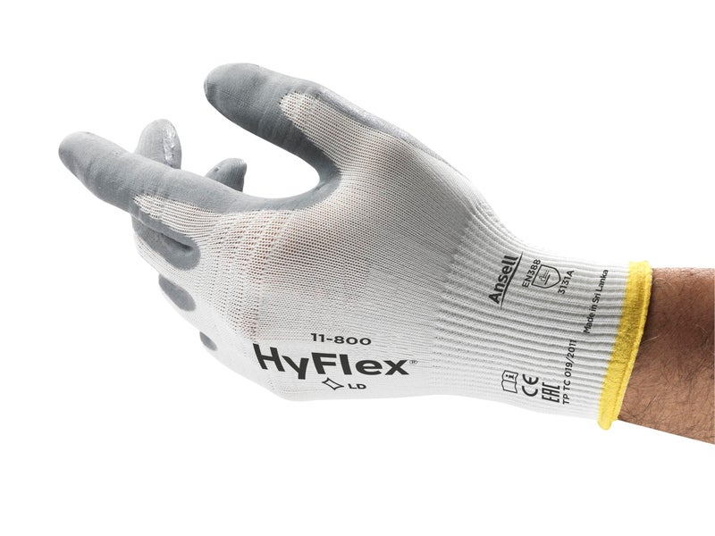 Ansell HyFlex 11800 Nylon Glove Gray Foam Nitrile Coating Knit Wrist Cuff XLarge Size 10 Pack of 12