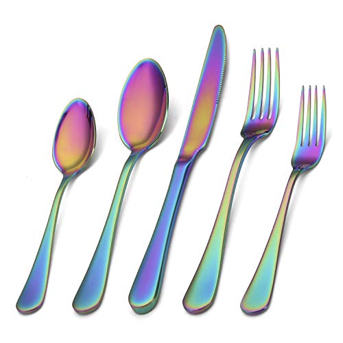 Rainbow Silverware SetSHARECOOK 20Piece Stainless Steel Flatware Set with Round EdgeKitchen Utensil Set Service for 4Dishwasher Safe Multicolor