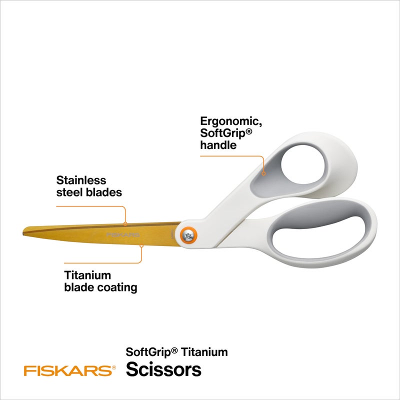 Fiskars SoftGrip Titanium Scissors, Stainless Steel Blades for Paper Crafting and Ergonomic Handle for Comfort and Control in Cutting Tasks, White - Image 2