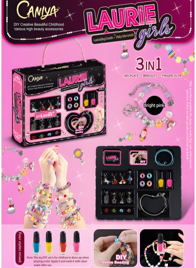 DAT Caniya Laurie Girls DIY Jewelry Beads & Nail Polish Set, 3-in-1 Bracelet & Necklace Kit, Age 6+ - Image 1