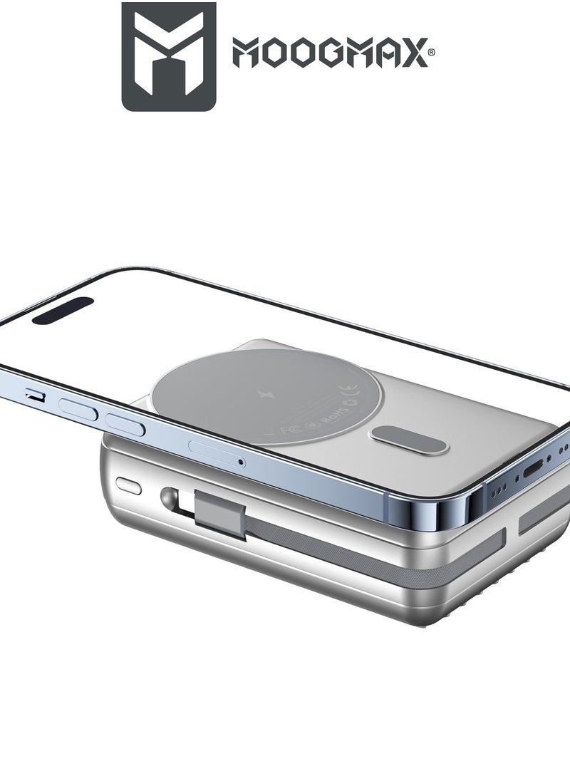 MOOGMAX - 20000mAh Trunk series magnetic wireless power bank  22.5W super-charging, two built-in cables with 15W wireless charging, 3 external ports 1 Type-C and 1 Type-A, and a Lightning port. Silver - Image 1
