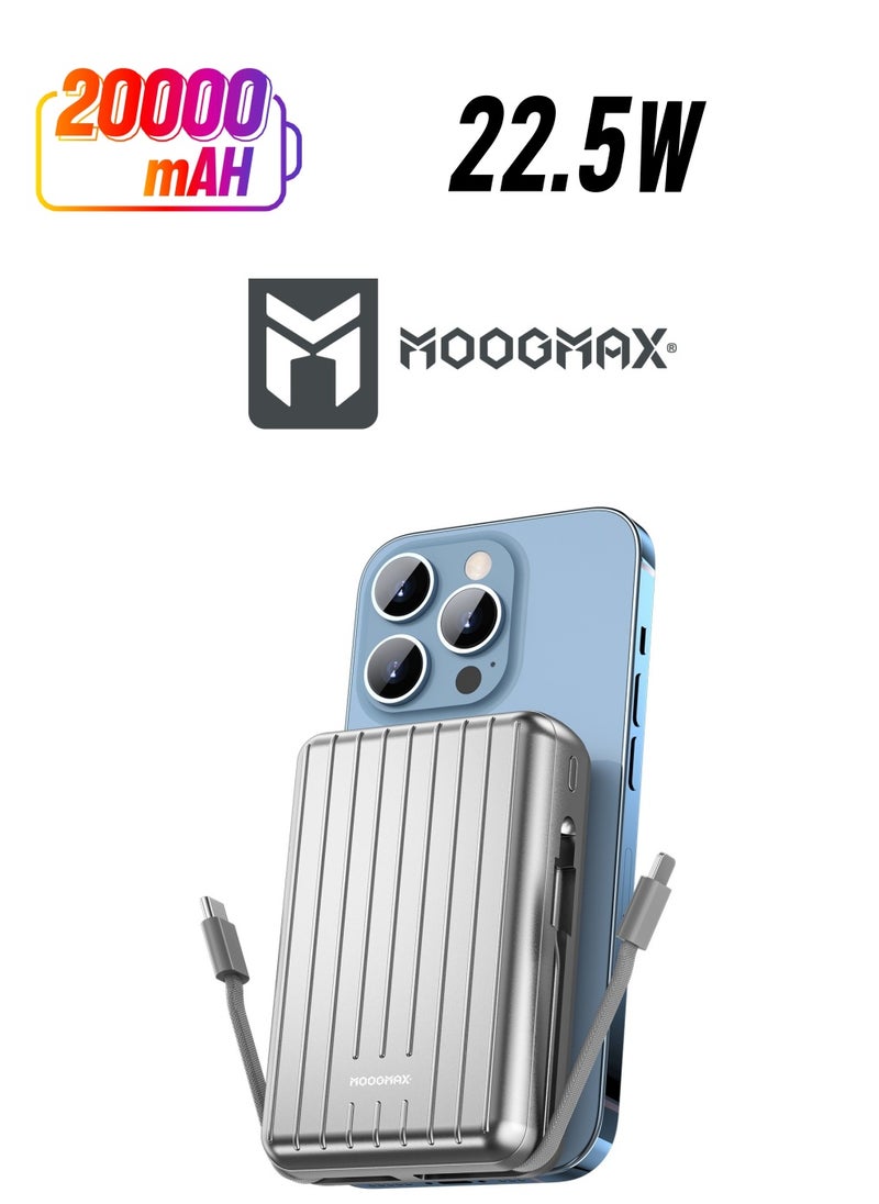 MOOGMAX - 20000mAh Trunk series magnetic wireless power bank  22.5W super-charging, two built-in cables with 15W wireless charging, 3 external ports 1 Type-C and 1 Type-A, and a Lightning port. Silver - Image 1