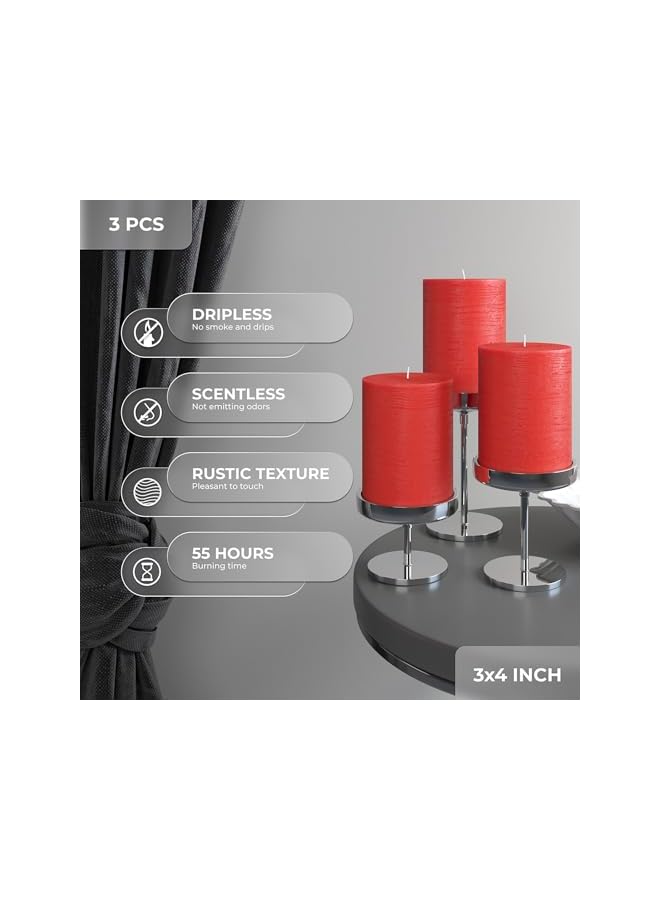 The Bros 3x4 Pillar Candles Set of 3 - Decorative Rustic Candles Unscented and Dinner Candles - Ideal as Wedding Candles or Large Candles for Home Interior - Red Candles - Image 2