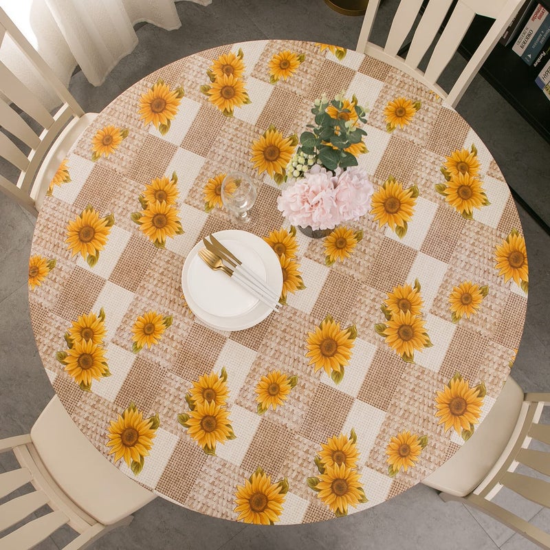 Pioggia Round Vinyl Fitted Tablecloth with Flannel Backing Elastic Table Cloth Waterproof OilProof Plastic Cover 