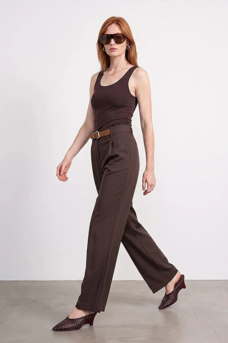 Dilvin Coffee Brown DILVIN Wide-Leg Belted Crepe Trousers for Women | Best Price UAE