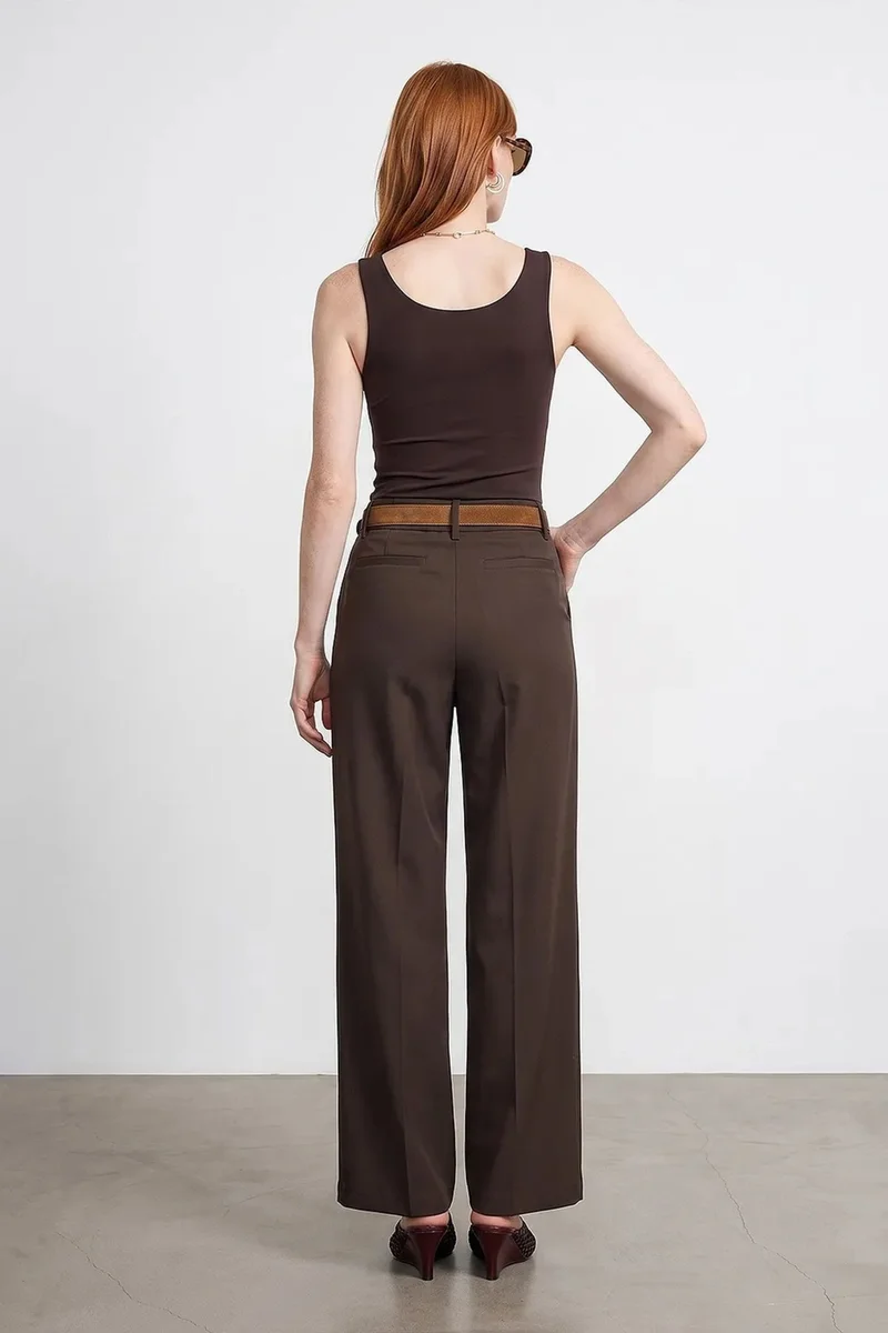 Dilvin Coffee Brown DILVIN Wide-Leg Belted Crepe Trousers for Women | Best Price UAE