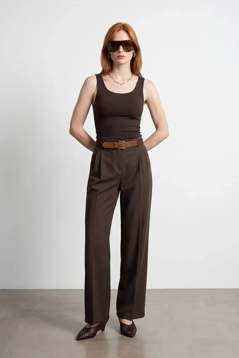 Dilvin Coffee Brown DILVIN Wide-Leg Belted Crepe Trousers for Women | Best Price UAE