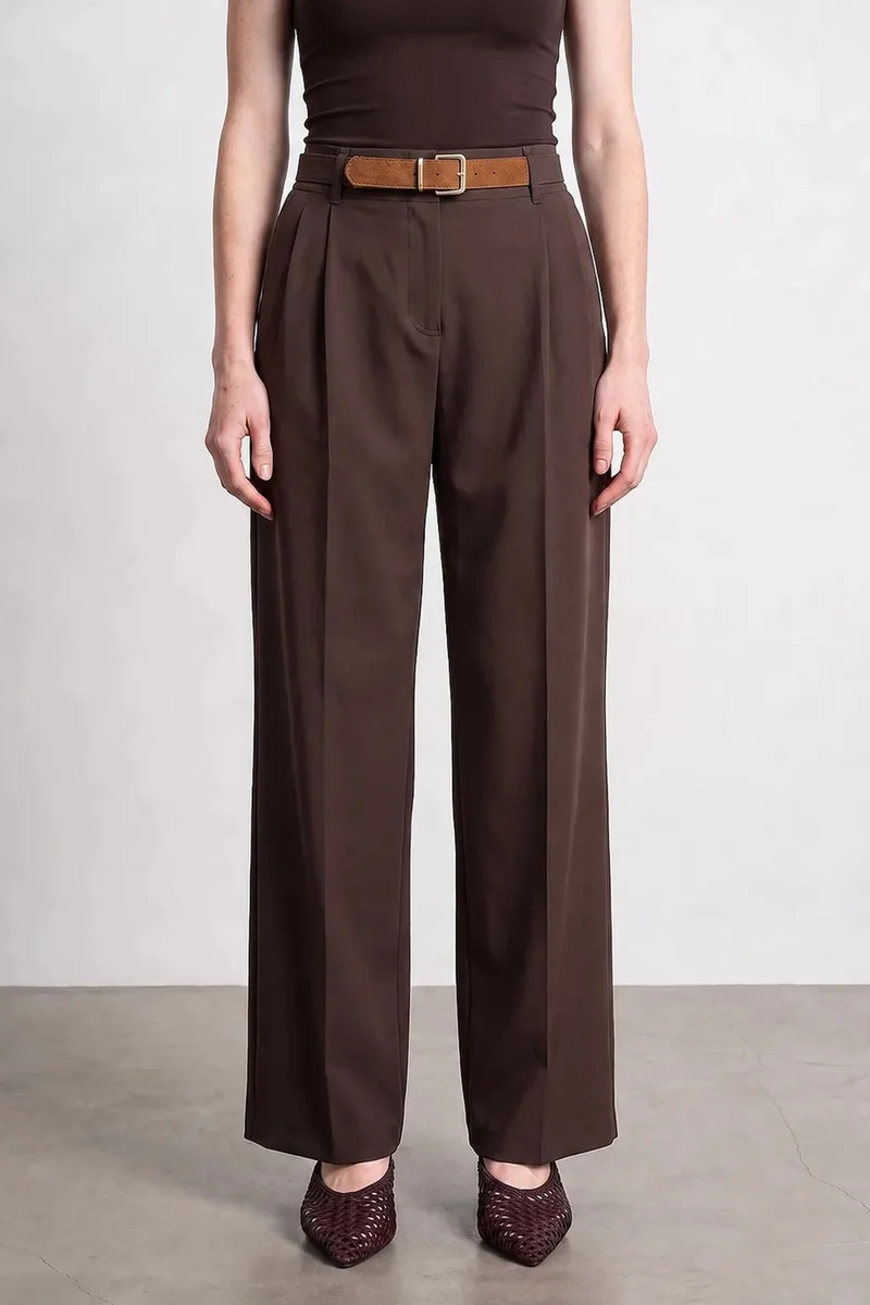 Dilvin Coffee Brown DILVIN Wide-Leg Belted Crepe Trousers for Women | Best Price UAE
