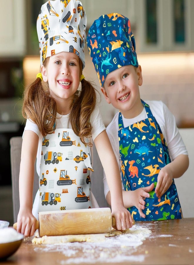 GROBRO7 4Pcs Kids Apron and Chef Hat Set Gift for Girls Boys, Dinosaurs Construction Vehicles Adjustable Kitchen Cooking Child Aprons with 2 Pockets Waterproof Smocks for Baking Painting Crafting - Image 5