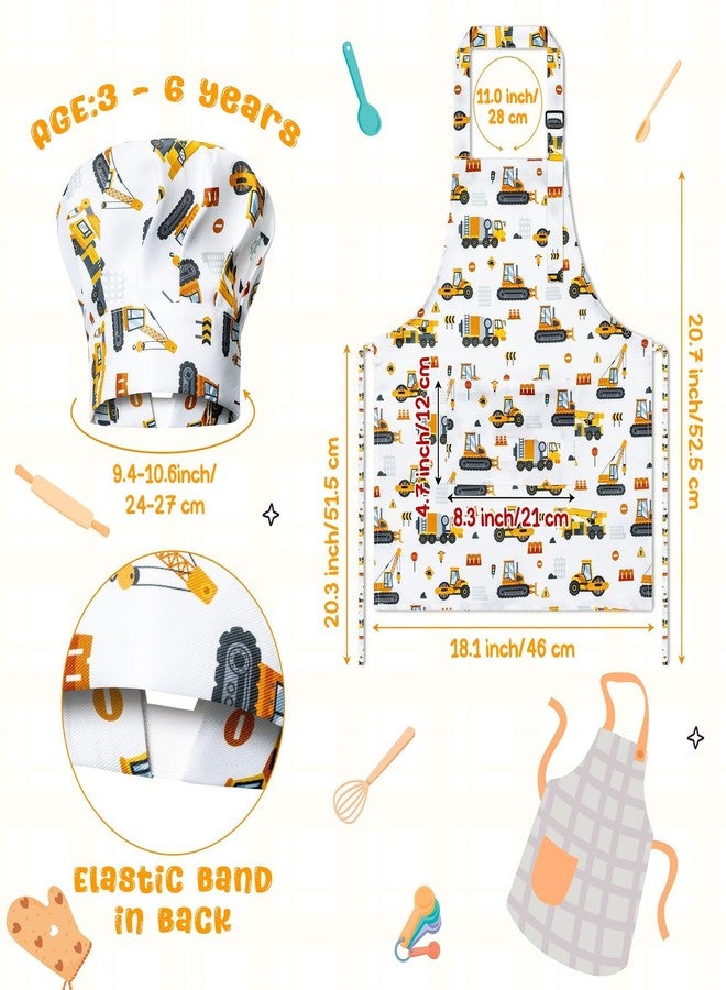 GROBRO7 4Pcs Kids Apron and Chef Hat Set Gift for Girls Boys, Dinosaurs Construction Vehicles Adjustable Kitchen Cooking Child Aprons with 2 Pockets Waterproof Smocks for Baking Painting Crafting - Image 2