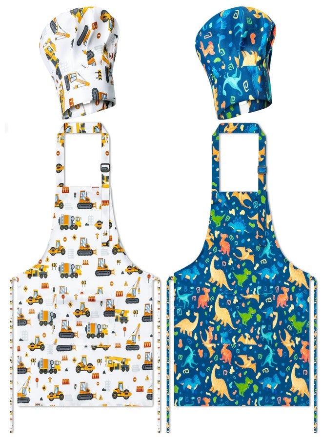 GROBRO7 4Pcs Kids Apron and Chef Hat Set Gift for Girls Boys, Dinosaurs Construction Vehicles Adjustable Kitchen Cooking Child Aprons with 2 Pockets Waterproof Smocks for Baking Painting Crafting - Image 1