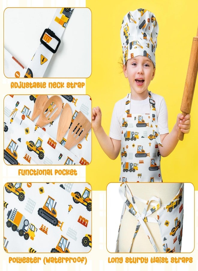 GROBRO7 4Pcs Kids Apron and Chef Hat Set Gift for Girls Boys, Dinosaurs Construction Vehicles Adjustable Kitchen Cooking Child Aprons with 2 Pockets Waterproof Smocks for Baking Painting Crafting - Image 3