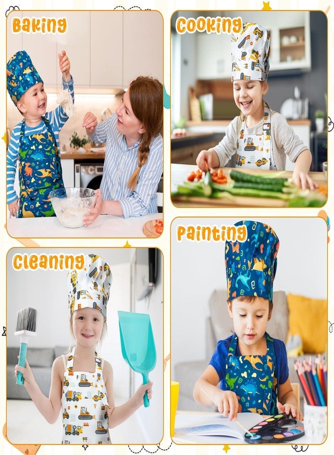 GROBRO7 4Pcs Kids Apron and Chef Hat Set Gift for Girls Boys, Dinosaurs Construction Vehicles Adjustable Kitchen Cooking Child Aprons with 2 Pockets Waterproof Smocks for Baking Painting Crafting - Image 4