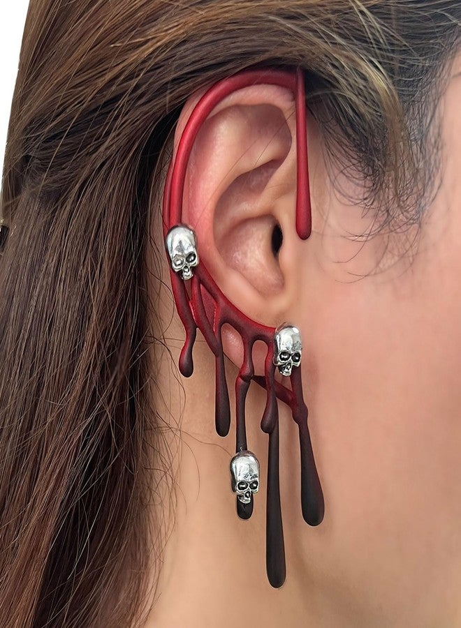 Decixde Gothic Skull Earrings for Women Skeleton Head Ear Cuff Skull Dangle Earrings Clip On Ear Halloween Ear Cuff Jewelry for Women (left ear hot red) - Image 2