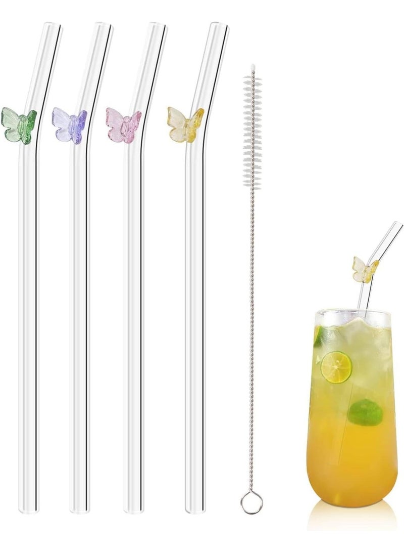 MOMENT MOMENT 4 Pcs Reusable Straws Clear Glass Straws Colorful Butterfly Design Size 7.8" x 8mm with 1 Cleaning Brush for Smoothies, Milkshakes, Juices, Teas (Colorful Butterfly)  - Image 1