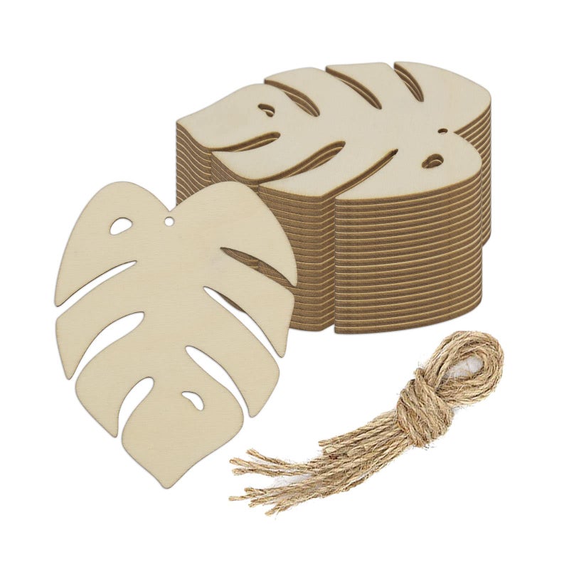 20pcs Palm Leaf Wood DIY Crafts Cutouts Wooden Turtle Leaf Shaped Hanging Ornaments with Hole Hemp Ropes Wood Tags for Hawaii Spring Summer Holiday Party Decorations