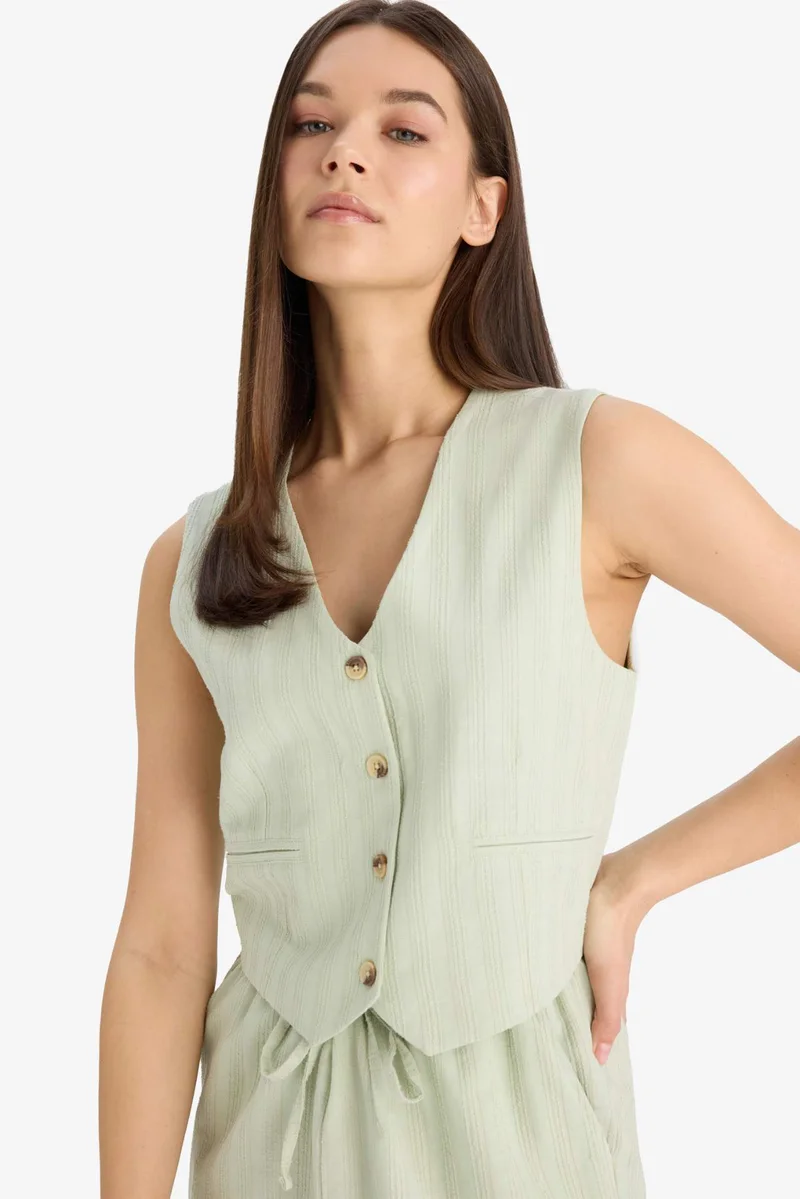 ديفاكتو Regular Fit V Neck Linen Blend Vest