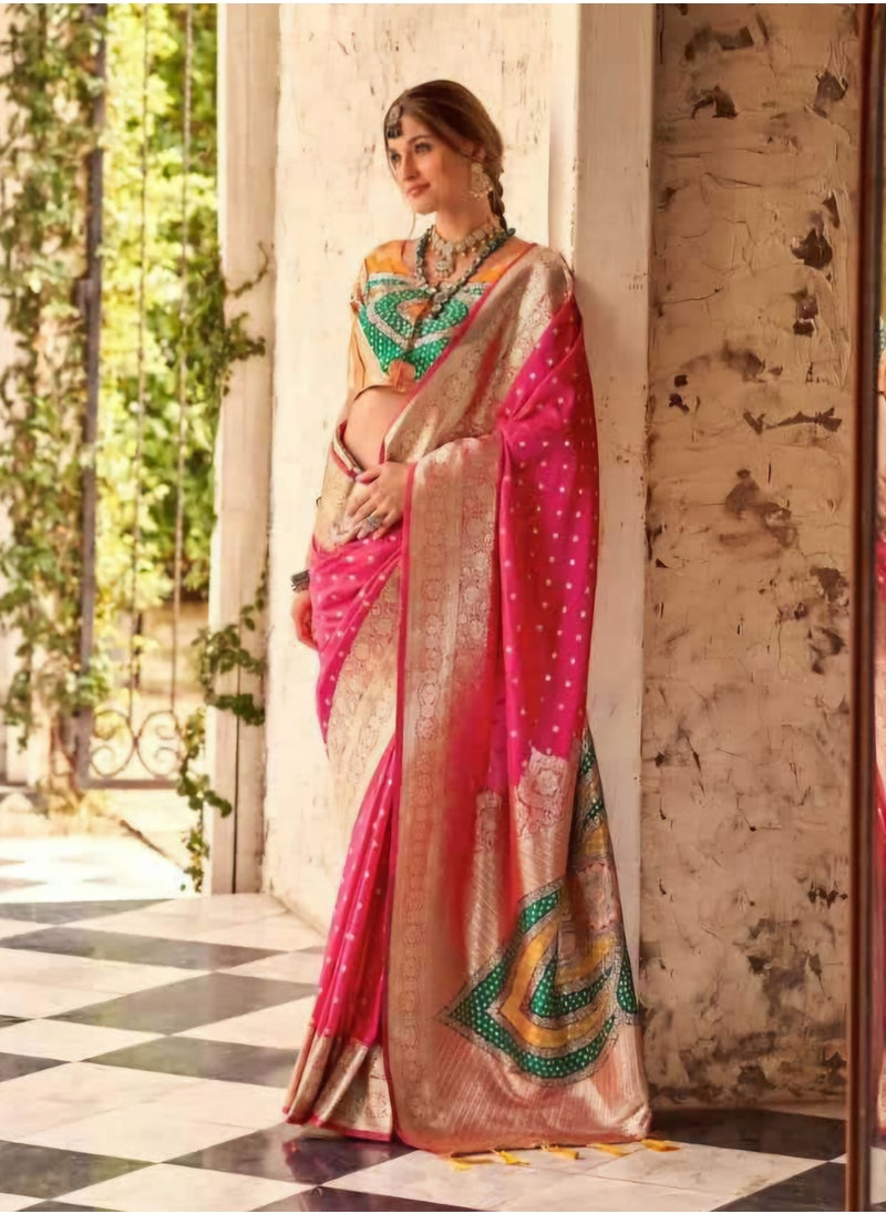 Grab Mantra Traditional Weaving Pink Sari With Golden Border And Multicolour Pallu Plus Unstitched Silk Blouse  - Image 1